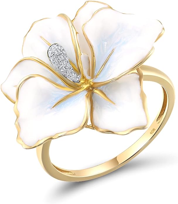 Prom Accessories Idea Santuzza 10K Yellow Solid Gold Enamel Flower Genuine Diamond Ring