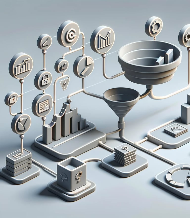 3D diagram of a sales funnel with interconnected business icons and steps in a neutral palette.