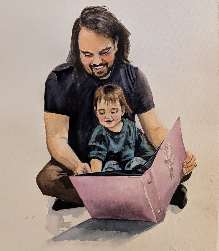 Father and daughter watercolor portrait, reading a book together