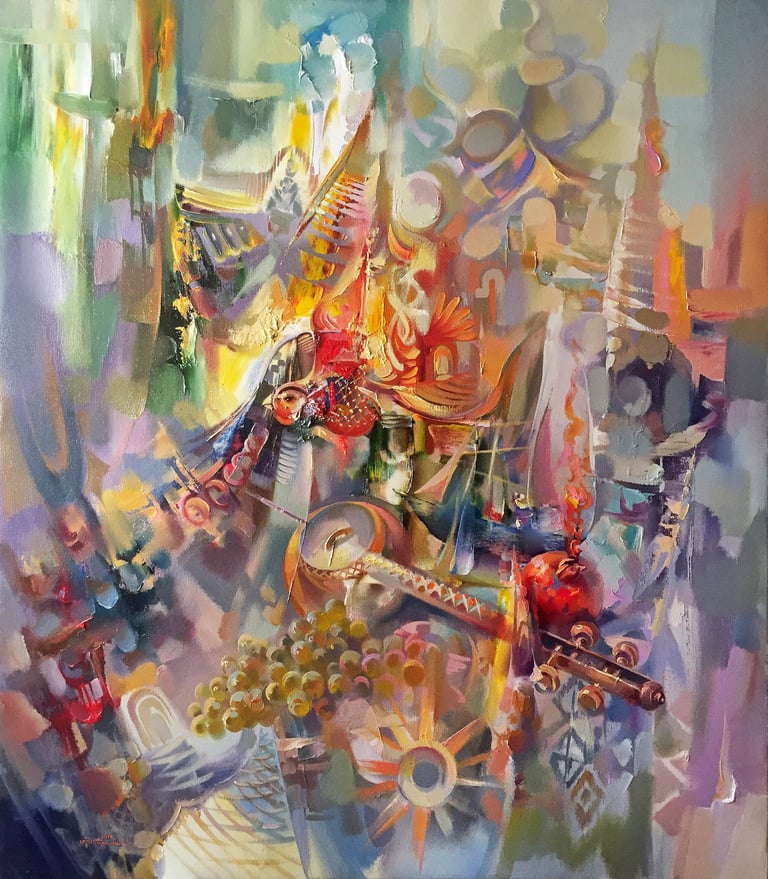 Symbolic art painting by Meruzhan Khachatryan exploring spiritual and cultural themes