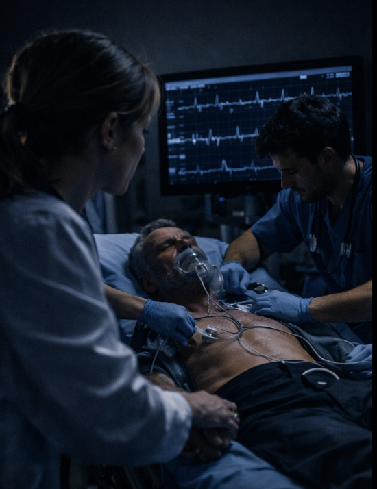 Patient in ER being hooked up to an EKG during a heart attack.