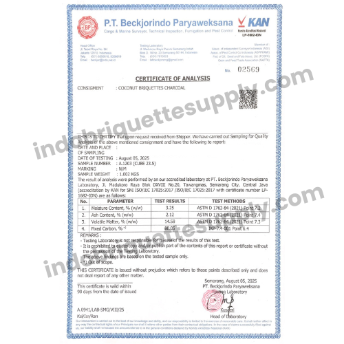 Indonesia coconut charcoal briquette specification lab ash content analysis certificate