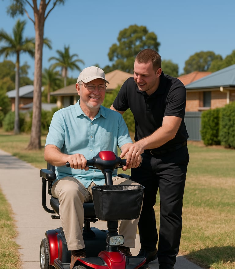 Friendly staff member providing scooter support for a customer outside their home