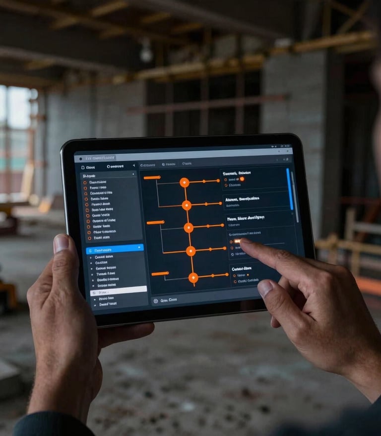 Dark editorial photography, close-up of hands holding a tablet showing clean workflow nodes on a tidy construction site, sharp orange light accents, 35mm
