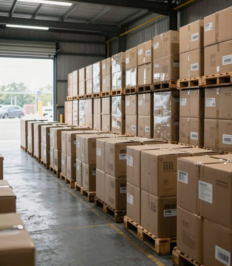 Wide environmental shot inside a logistics distribution center, neat rows of labeled cartons on floor-level pallets stretching toward a loading dock, cool daylight flooding through wide bay doors on the far left, overhead fluorescent lighting even across the frame, no people visible