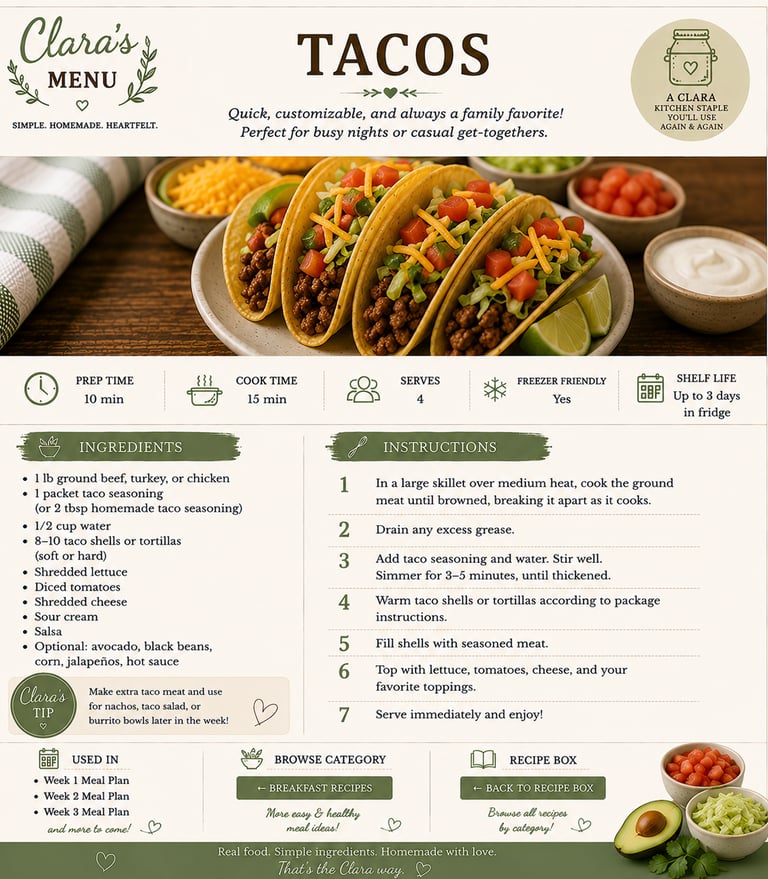 Ground beef tacos recipe card with ingredients and instructions for a quick family dinner.
