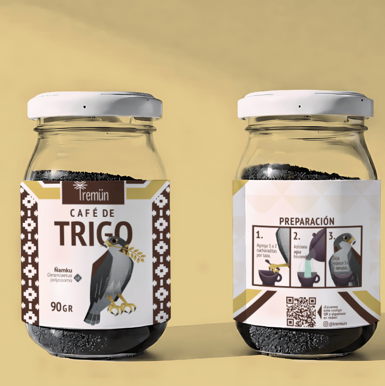 Two glass jars of Tremün Café de Trigo wheat coffee substitute with hawk label and preparation instructions.