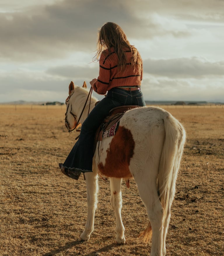 a woman riding a horse in a field