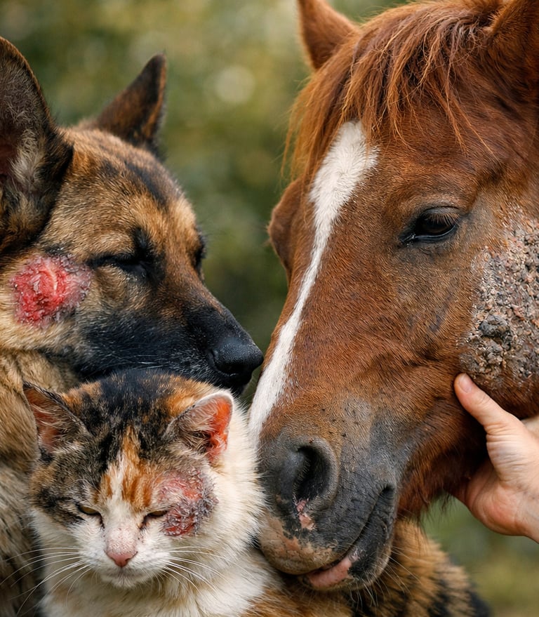kat, hond, paard met wonden op de kop