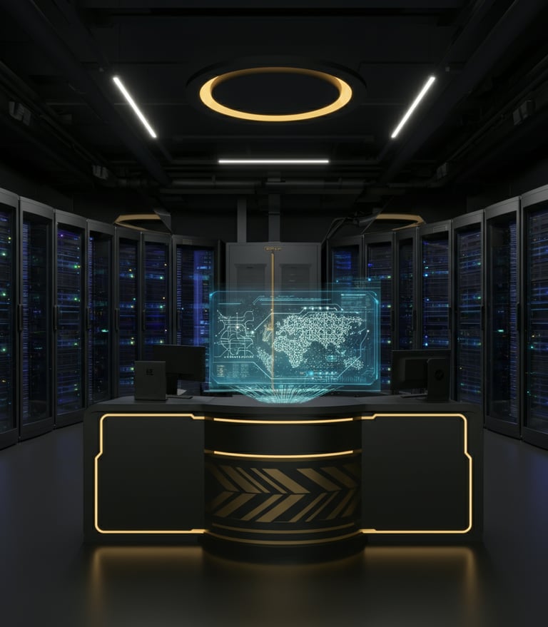 Verve Phoenix optimizing a futuristic data center with holographic control systems.