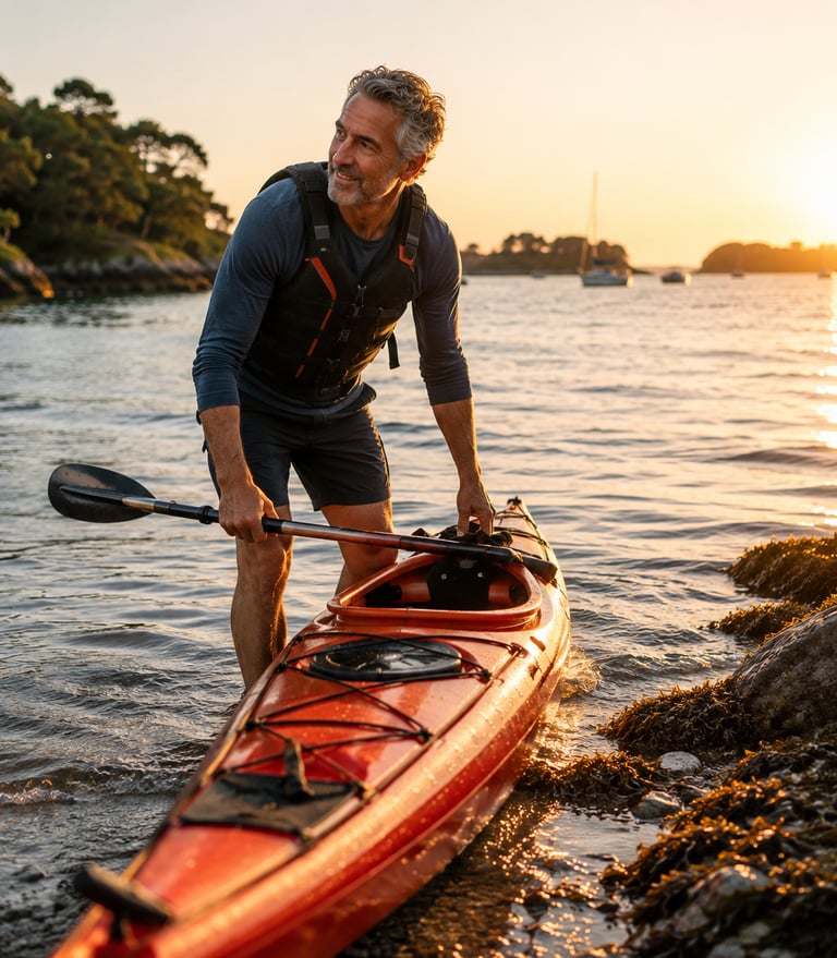 Homme préparant un kayak à l'eau dans le Golfe du Morbihan.