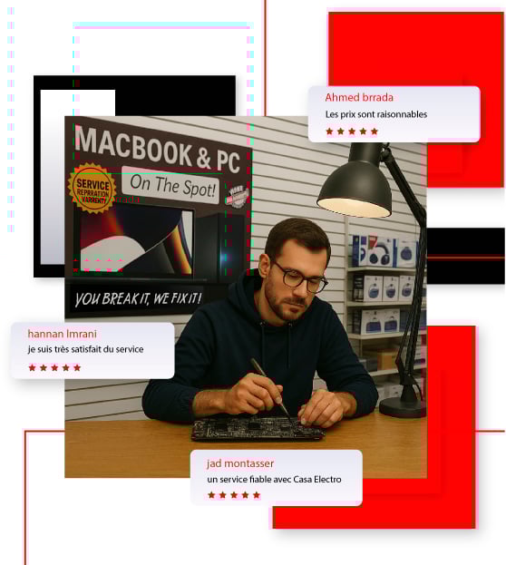 Technicien réparant un MacBook dans l’atelier Casa Electro à Casablanca, entouré d’avis clients posi