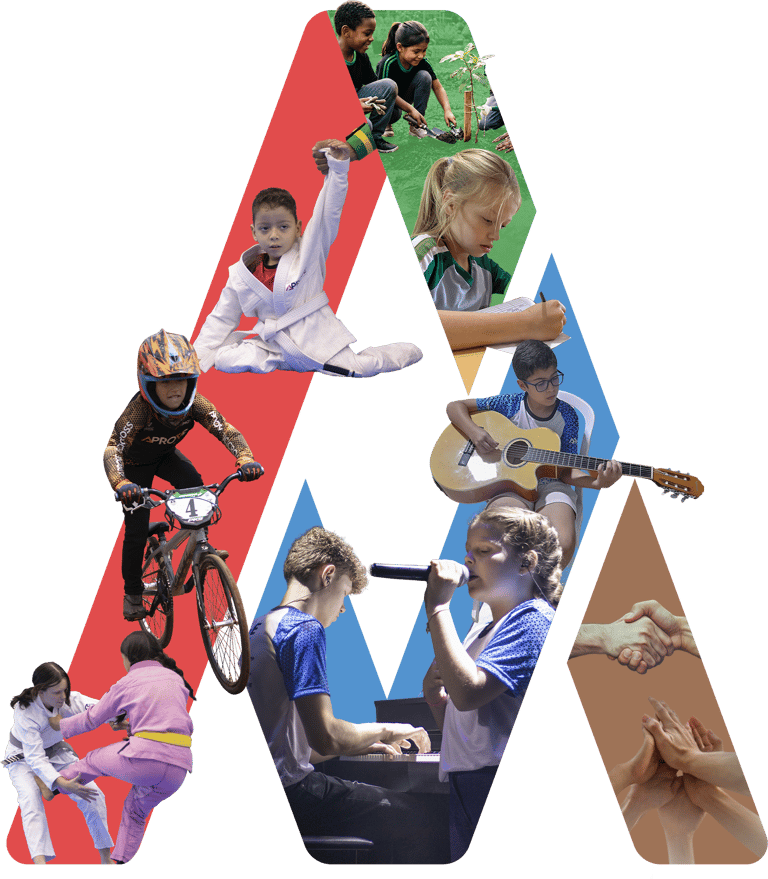 Crianças representando as áreas de esporte, música e educação em um logotipo geométrico da Aprove Pr