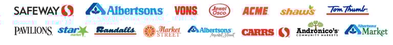 Collection of grocery store logos including Safeway, Albertsons, Vons, Acme, and Jewel-Osco.