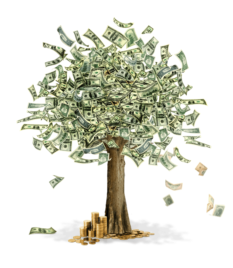 Árvore com pilhas de moedas como frutos, simbolizando a geração de riqueza