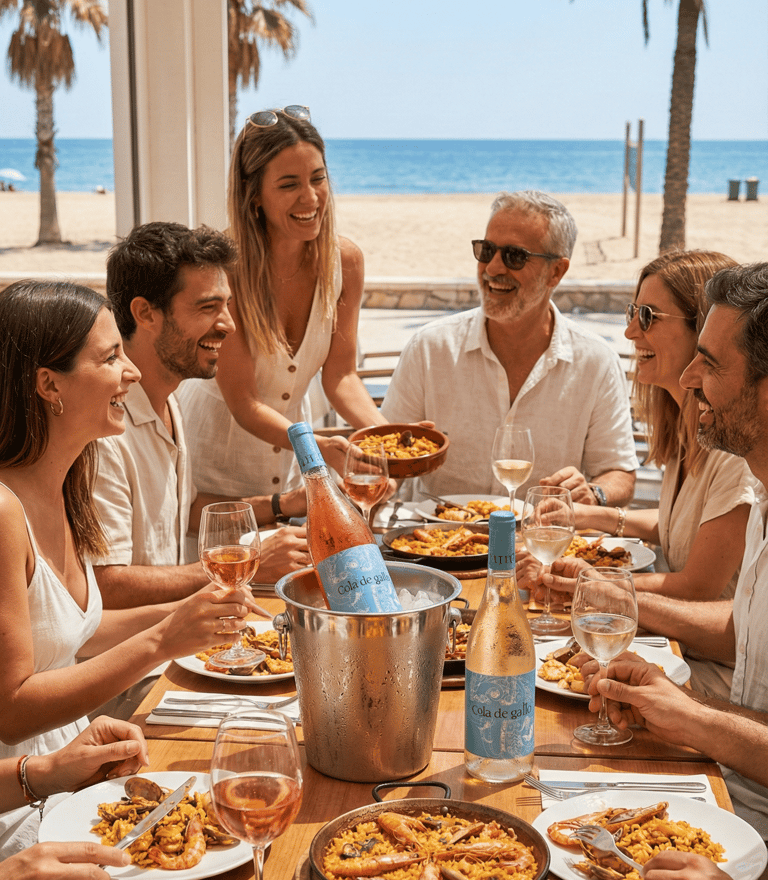 Amigos disfrutando paella con vinos Cola de Gallo en restaurante de playa