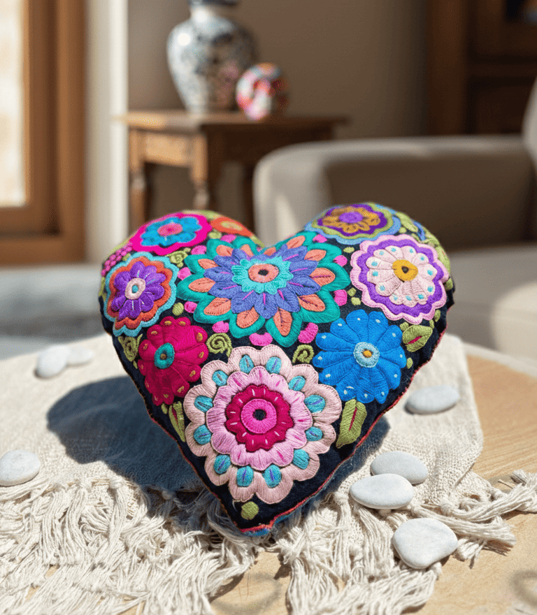 Handmade heart-shaped pillow featuring vibrant Mexican embroidery and colorful floral patterns.