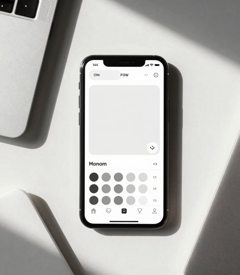 An overhead flat-lay of a curated workspace, minimalist stationery, a sleek mobile screen displaying a clean digital layout, crisp bright studio lighting with sharp architectural shadows.