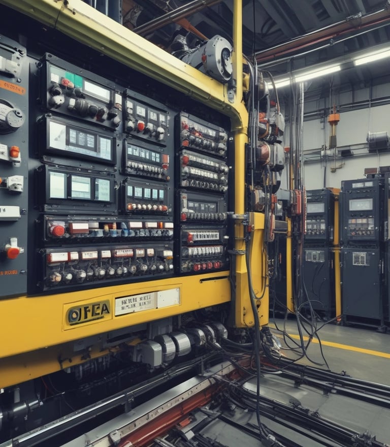 A blue industrial crane is positioned atop a large pile of scrap metal. The structure is silhouetted against a cloudy sky, with metal beams and wires forming part of the complex environment.