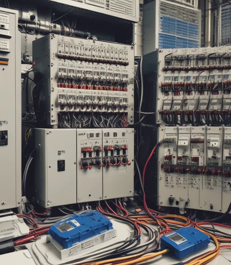 A blue industrial crane is positioned atop a large pile of scrap metal. The structure is silhouetted against a cloudy sky, with metal beams and wires forming part of the complex environment.