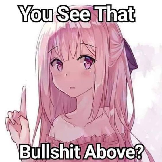 Anime girl pointing up captioned you see that bullshit above?