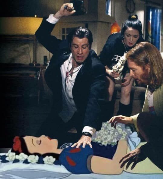 Overdose scene in Pulp Fiction but Vincent is about to stab Snow White with the syringe.