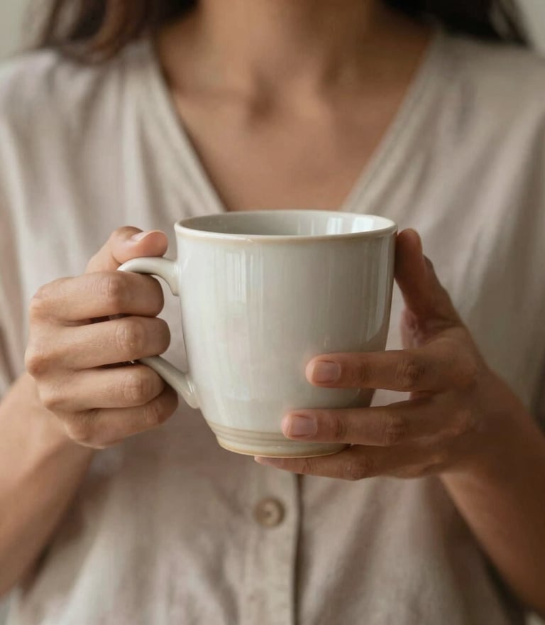 A close-up photograph of a woman's hands holding a refined ceramic mug in a South American / Brazilian morning setting. The focus is on the texture and the soft off-white and muted sand tones of the environment, suggesting peace and clarity.