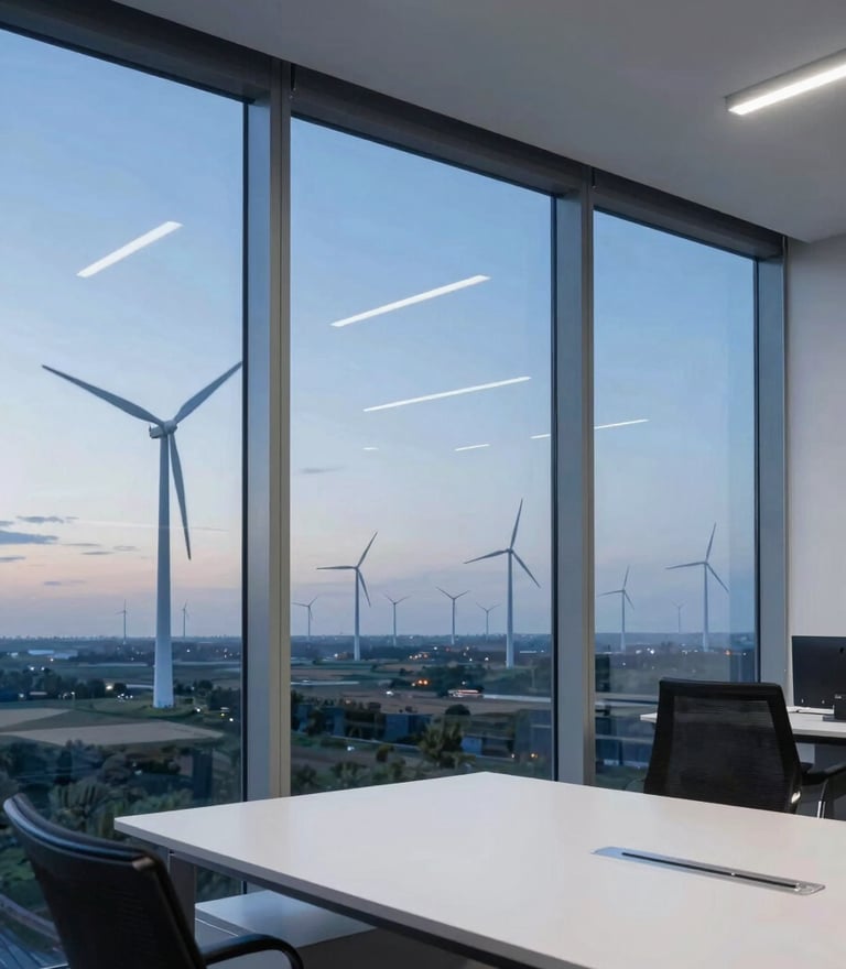 A clean, modern corporate workspace in a North American skyscraper with floor-to-ceiling windows overlooking a distant field of wind turbines, twilight lighting with electric blue accents.