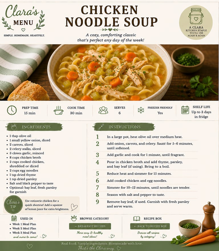A detailed chicken noodle soup recipe card featuring a bowl of soup, ingredients list, and cooking instructions.