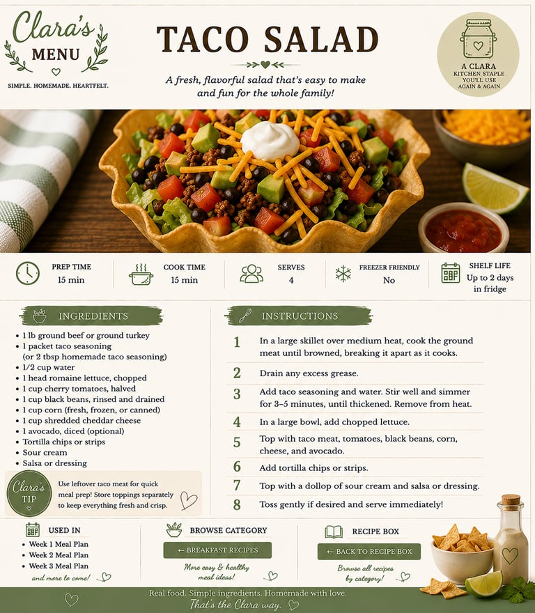 A colorful taco salad recipe card with ground beef, avocado, and cheese in a tortilla bowl.