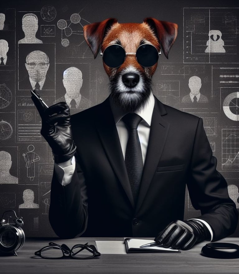 Jack Russell ID detetive, vestindo terno, gravata e luvas pretas e com um celular na mão