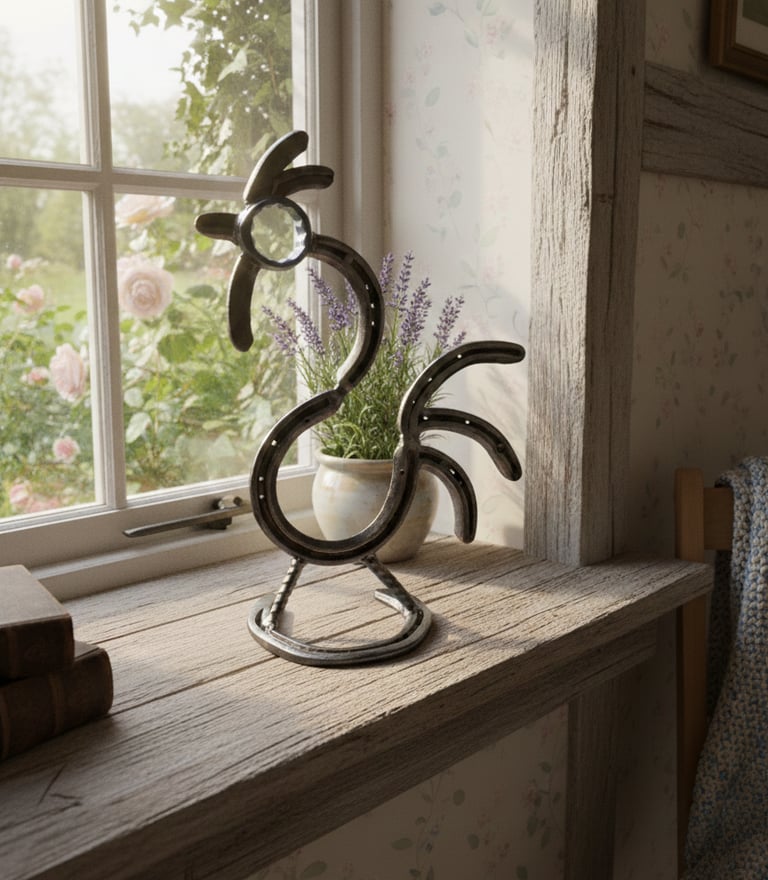 Rooster ornament made from horseshoes displayed on a farmhouse or cottage window sill
