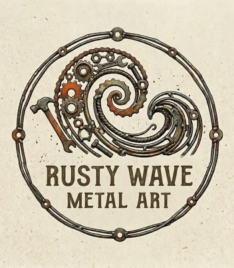 Rusty Wave Metal Art Logo - illustrated wave graphic of metal nuts inside a circular frame 