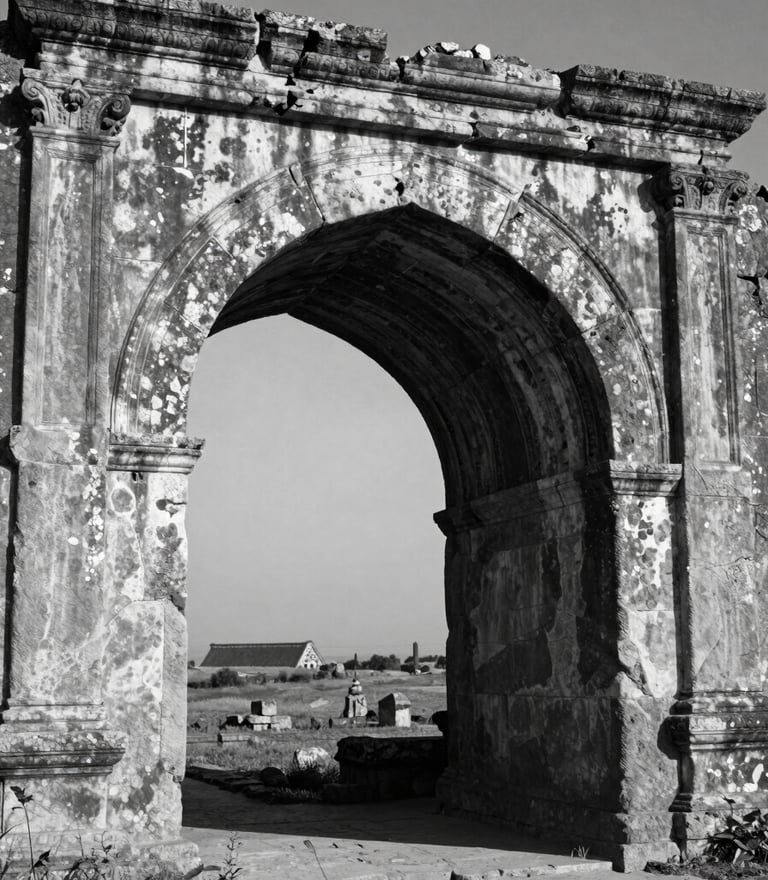 A high-contrast, black and white photograph focusing on the weathered texture of an ancient stone archway in a distant land. The play of light and shadow emphasizes the age and wisdom of the structure, evoking a sense of deep cultural exploration.