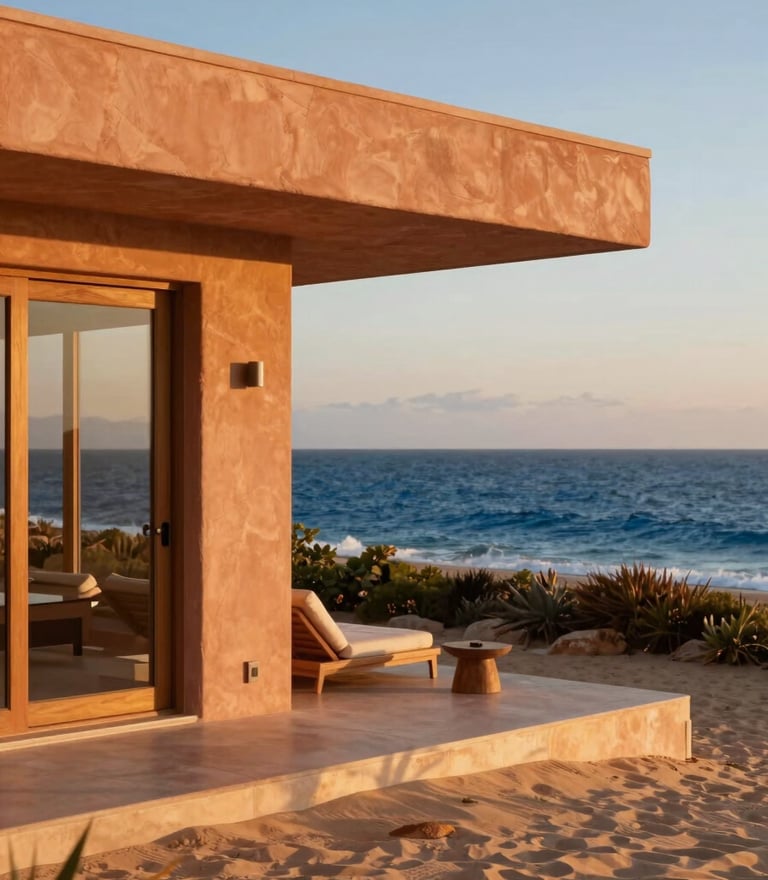 A warm editorial photograph of a modern oceanfront villa terrace in San Felipe at golden hour, soft terracotta tones, deep blue sea in the background
