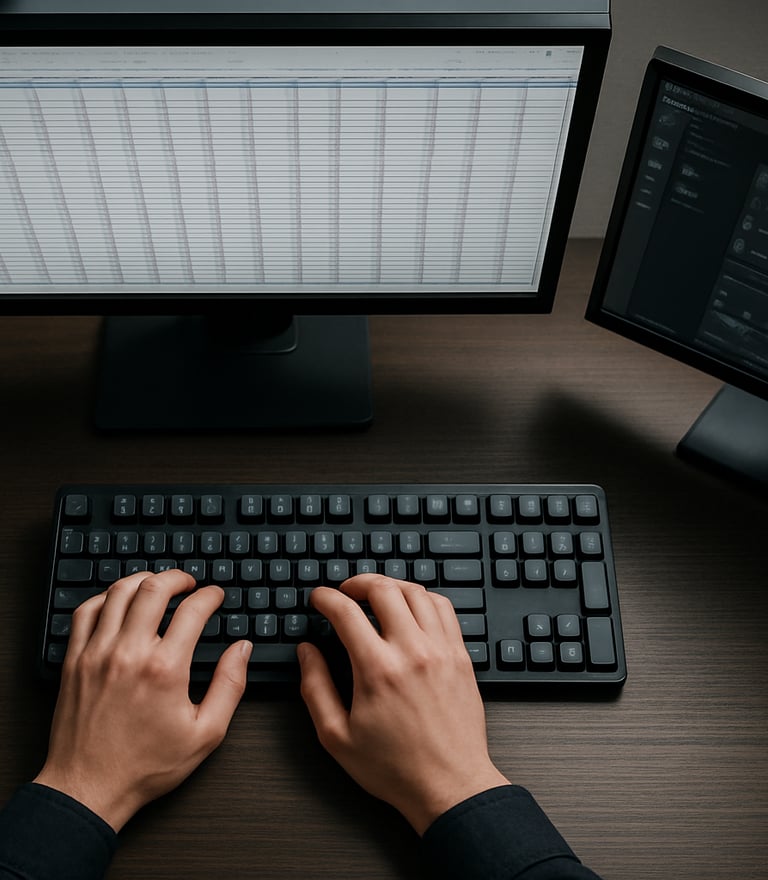 Tight overhead view of a workstation — hands on a mechanical keyboard, a spreadsheet with financial rows visible on a bright monitor, a second screen showing a workflow dashboard, sharp overhead office light, no faces, high contrast
