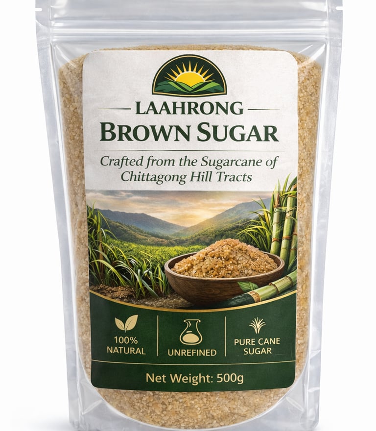 Laahrong brown table sugar granules in transparent pack, natural crystal brown sugar for daily use a