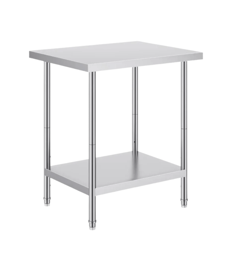A light duty stainless steel flat benchtop with a lower shelf and adjustable legs on a white background.
