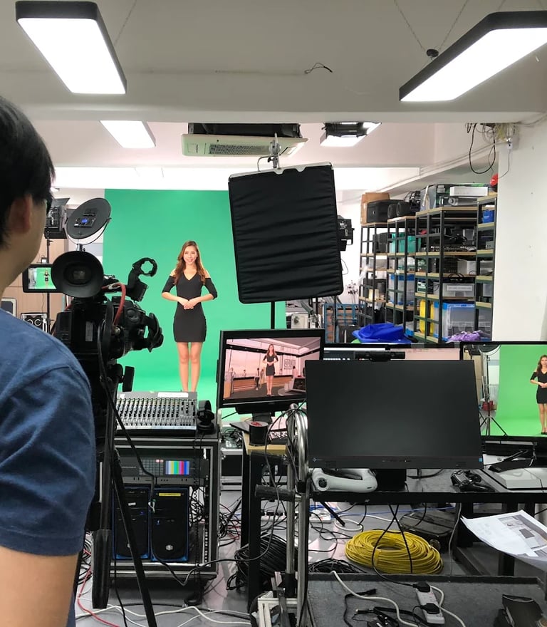 a woman in a black dress standing in front of a green screen