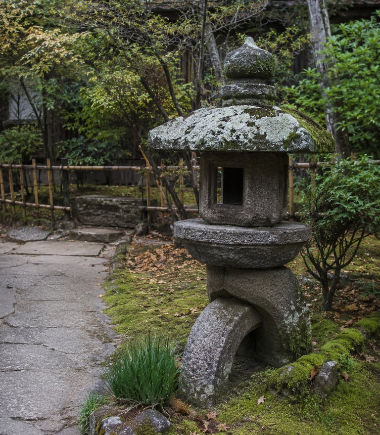 A weathered stone Japanese lantern stands on a mossy path in a serene zen garden setting.