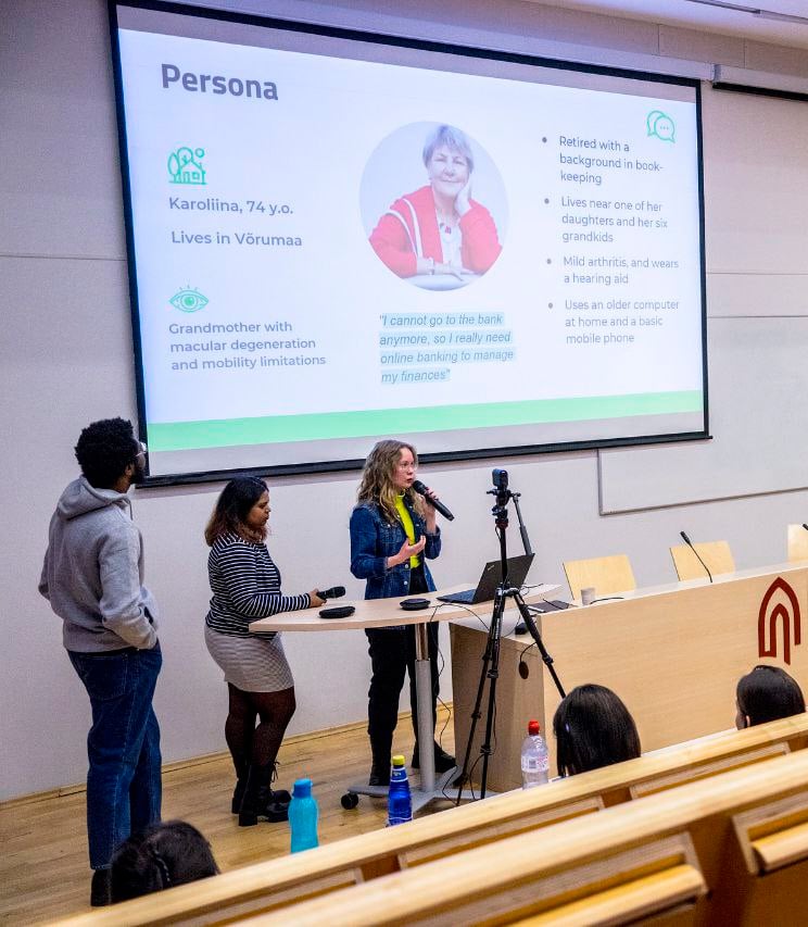 Троє дослідників з презентацією проєкту на фоні. Слайд з описом персони користувача