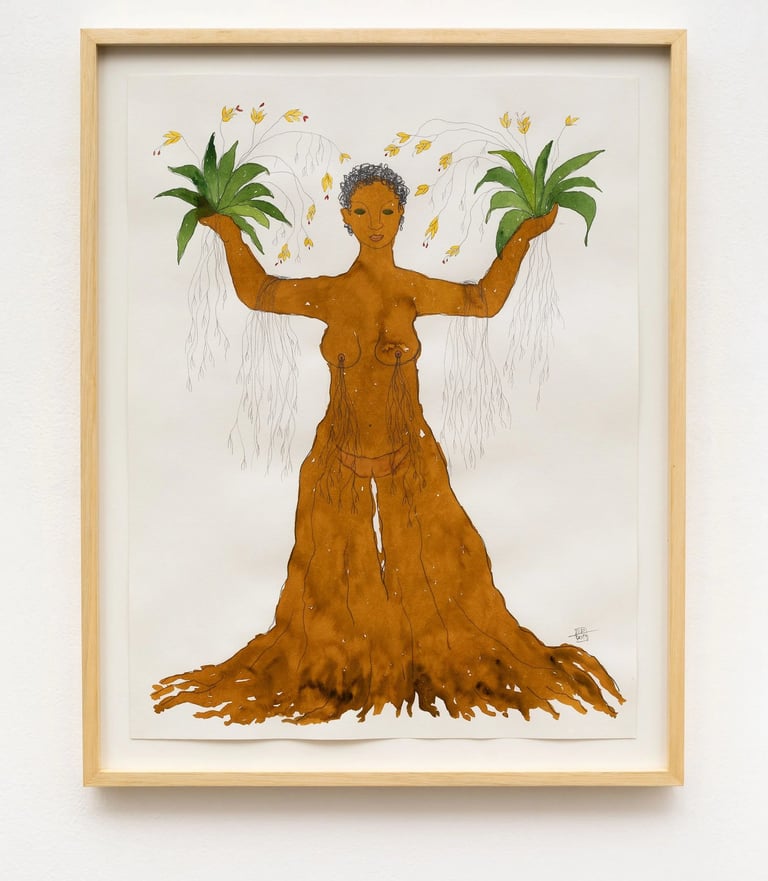 Figura feminina e elementos naturais – Rosana Paulino