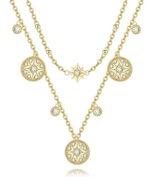 Budget Affordable Necklace for Girlfriend.Compass Cross Gold Necklace Layering