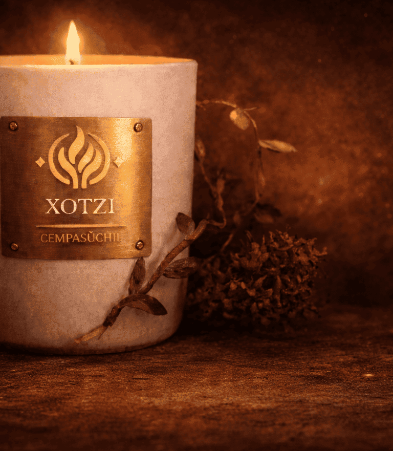 vela encendida con una etiqueta metalica del logo xotzi y cempasuchil,