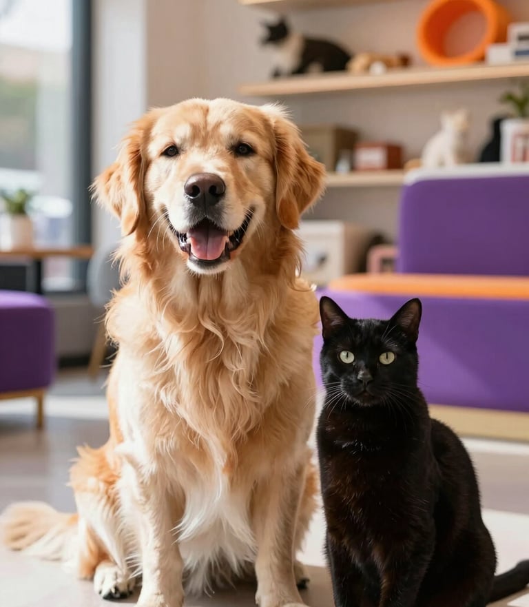 A happy golden retriever and a sleek black cat sitting together in a stylish, modern pet boutique, natural daylight, warm tones, shallow depth of field, eye-level shot.