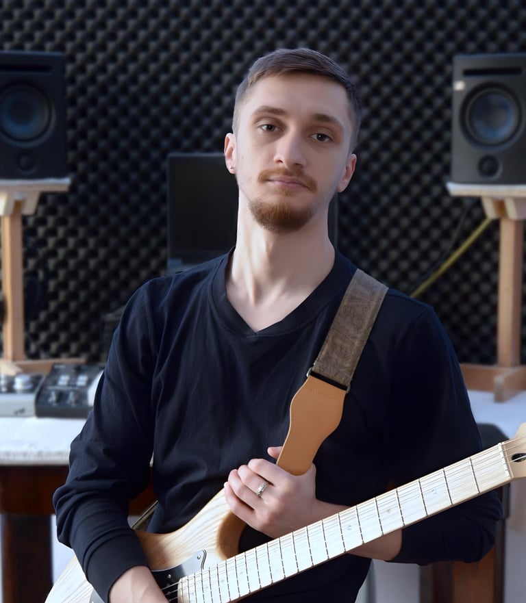 Music artist Valah looking at the camera in a studio, with electric guitar strapped on his shoulder.