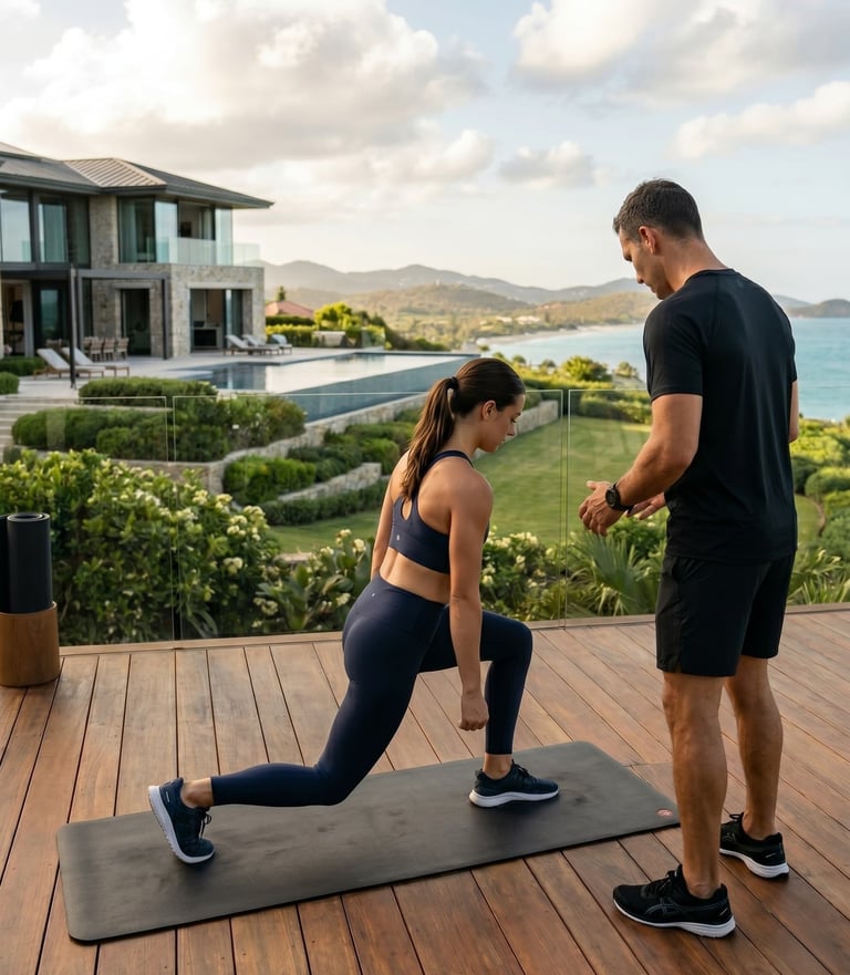 private fitness trainer and performance coach training a client at their luxury estate