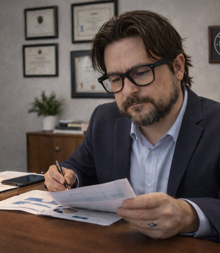 Professional businessman in a suit reviewing financial documents and data reports at an office desk.