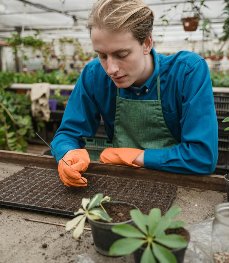 Commercial houseplant nursery with a worker planting seeds in a seedling tray
