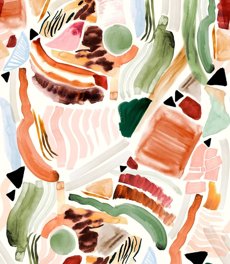 Estampa exclusiva com arte original de formas abstratas e pinceladas coloridas em aquarela